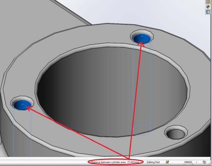 SOLIDWORKS Status Bar Measurements - Distance between Two Cylindrical Axes