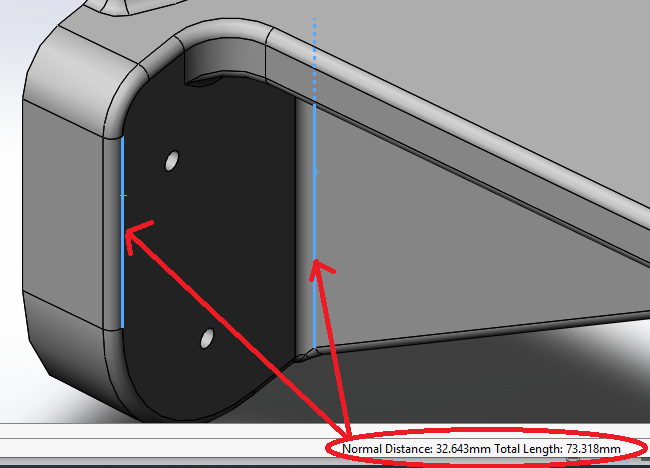 SOLIDWORKS Status Bar Measurements - Normal distance and total combined length of Two Parallel Edges